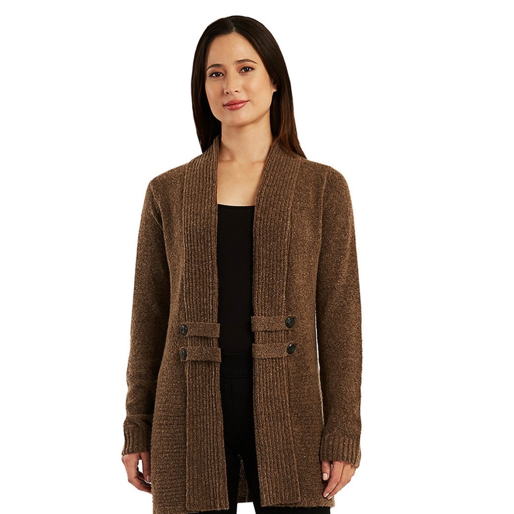 Brown cardigan with button flap detail. Size petite medium from Apt 9